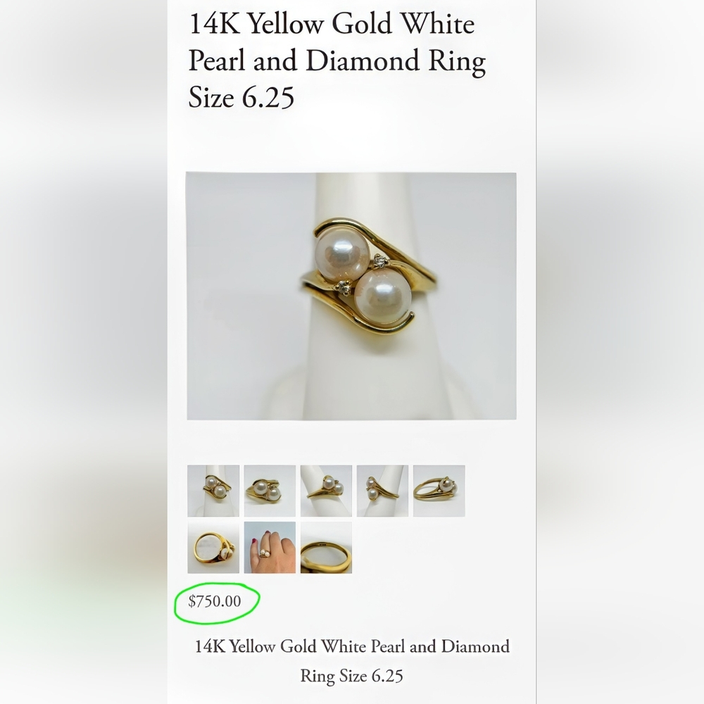 💍Y2K Pearl & Diamond 14K Gold "Toi-et-moi" (You & Me♥️) Bypass Ring 6.25 - Picture 6 of 6